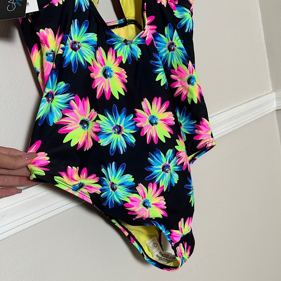 3/$20 💥California Waves NWT One Piece Swimsuit Black Neon Floral Keyhole Bust - Picture 8 of 12